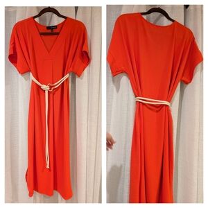 Coral Red V-Neck Shift Dress with Rope Belt
